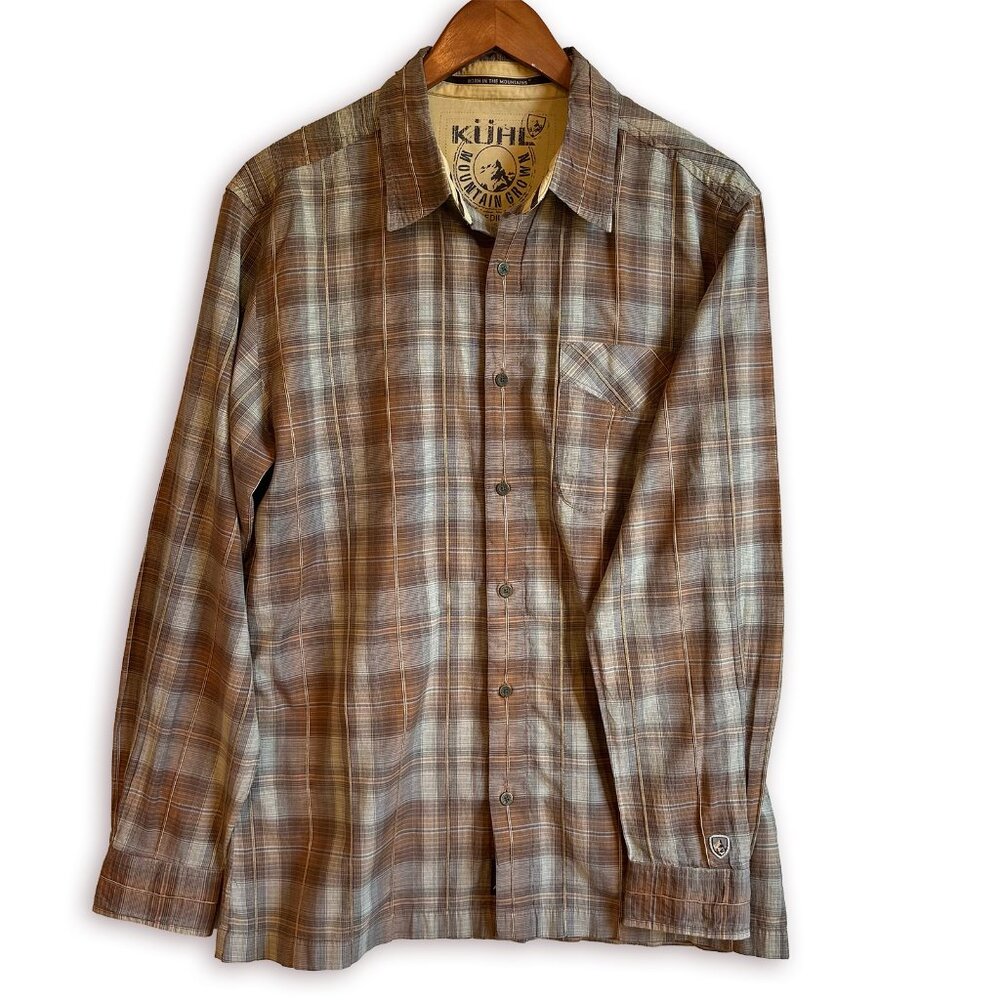 Kuhl Men’s Tan Plaid Button-Down Shirt Size M Outdoors Mountain